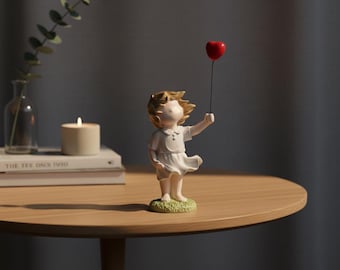 Modern Girl Figurine with Heart Balloon Minimalist Shelf Decor Romantic Home Accent