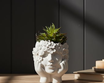 Flower Face Planter – Ceramic Woman Head Vase for Dried Flowers & Succulents, Modern Boho Home Decor Sculpture