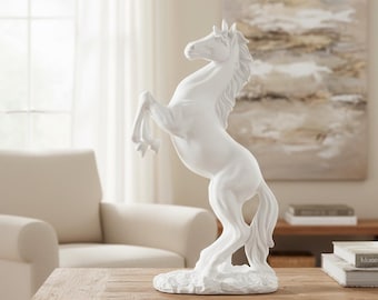 White Horse Statue Rearing Figurine - Modern Farmhouse Decor Sculpture for Living Room Mantel Bookshelf Display