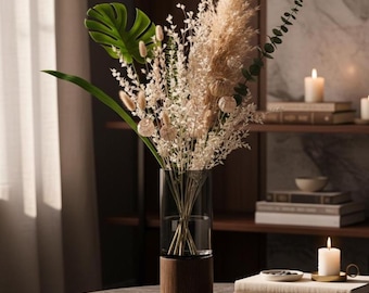 Modern Glass and Wood Cylinder Vase – Minimalist Nordic Vase for Dried Flowers & Fresh Stems