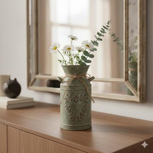 Peut inclure: Un vase en métal vert vieilli, orné d'un cœur et de motifs floraux, noué avec de la ficelle, contient des marguerites blanches et de la verdure. Le vase, en forme de pot à lait, est posé sur une surface en bois, avec un miroir en arrière-plan.