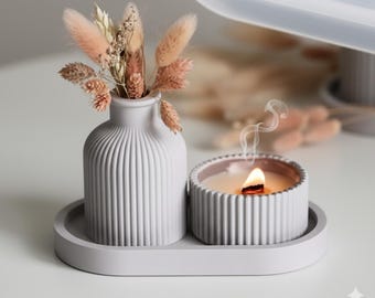 Minimalist Ceramic Candle Holder Set Modern Home Decor Ribbed Vase Tray Nordic Bathroom Living Room Accent
