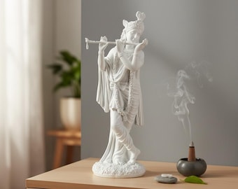 Krishna Statue White Resin Figurine - Hindu God Flute Player Meditation Altar Decor Spiritual Home Art Yoga Room Decoration