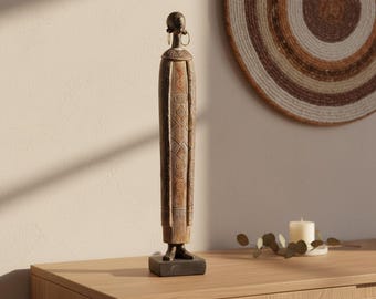 African Tribal Sculpture Wooden Figure Statue - Handcrafted Ethnic Home Decor Boho Living Room Art
