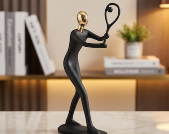 Abstract Tennis Player Sculpture Modern Black Gold Figurine - Contemporary Sports Art Decor Home Office