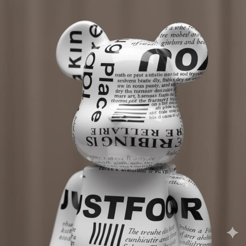 May include: A white bear-shaped figurine with black text and newspaper-style print. The text includes the words "KIN," "PLACE," "RIBING IS RELLARE," and "JUSTFOOR." The figurine has a glossy finish and a modern aesthetic.