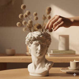Può includere: Un busto bianco di David, usato come vaso, contiene fiori secchi. La scultura è su un tavolo di legno, con una mano che regola delicatamente la composizione. Il busto è un oggetto decorativo, che aggiunge un tocco artistico allo spazio.