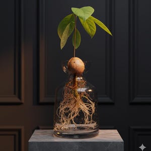 Może przedstawiać: Przezroczysty szklany wazon z pestką awokado wypuszczającą korzenie i łodygą z zielonymi liśćmi. Wazon stoi na szarej marmurowej powierzchni na ciemnym tle. Pestka awokado jest częściowo zanurzona w wodzie.