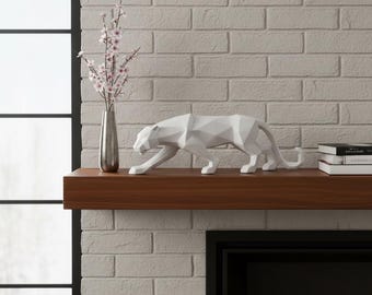 Geometric Panther Statue Modern White Sculpture - Minimalist Animal Figurine for Shelf Decor Living Room Mantle Display