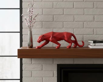 Geometric Panther Sculpture Modern Red Leopard Statue - Contemporary Animal Home Decor Figurine