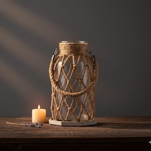 Può includere: Un barattolo di vetro trasparente con una rete e un manico in corda, posto su una base di cemento. Una candela accesa e un rametto di lavanda sono accanto al barattolo su una superficie di legno. Oggetto decorativo.