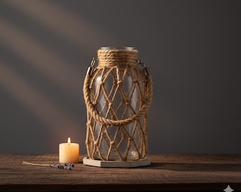 Coastal Boho Glass Lantern Vase: Macrame Jute Rope Wrapped Flower Jar