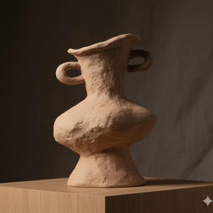 Peut inclure: Un vase en céramique beige texturé avec deux anses en boucle et un bord évasé. Le vase a un corps bulbeux et repose sur une surface en bois de couleur claire. La couleur neutre et la forme unique lui confèrent un aspect moderne et artistique.