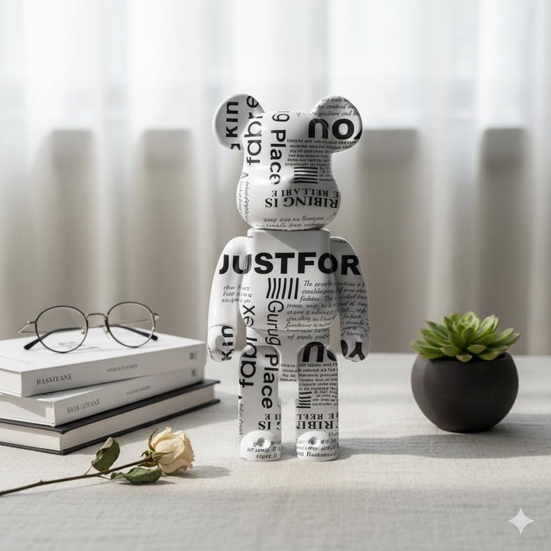 May include: A white and black decorative bear figurine with text. The bear-shaped sculpture has a newspaper print design and the words "JUSTFOR" are visible. A small succulent in a black pot, a stack of books, and round glasses are also in the image.