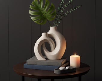Modern Sculptural Ceramic Vase – Nordic Abstract Double Ring Decor, Minimalist Home Decoration Accent Piece for Living Room & Entryway