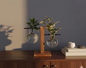Double Glass Propagation Station – Wooden Stand Hydroponic Planter for Modern Home Decor & Indoor Plants