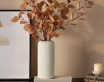 White Ribbed Cylinder Vase – Modern Minimalist Matte Resin Vase for Dried Flowers & Scandinavian Home Decor