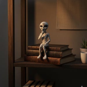 Peut inclure: Une figurine d'extraterrestre grise aux grands yeux noirs est assise sur une pile de vieux livres reliés en cuir sur une étagère en bois. L'extraterrestre porte un doigt à ses lèvres dans un geste de « chut ». L'étagère fait partie d'une bibliothèque en bois sombre.