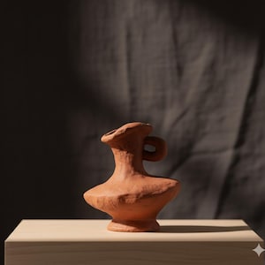 Peut inclure: Un vase en terre cuite fait à la main, de forme asymétrique unique. Le vase a une petite anse et un bord évasé. Le récipient en argile brun rougeâtre est posé sur une surface en bois clair, sur fond gris foncé.