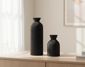 Duo of Modern Black Vases – Matte Ceramic Vases with Stripes for Dried Flowers & Minimalist Decor