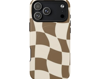 ブラウンの波型チェッカーボード柄タフケース | レトロな雰囲気のスマホケース | トレンド感のある保護カバー | キュートなチェック柄スマホケース | クールな柄ケース