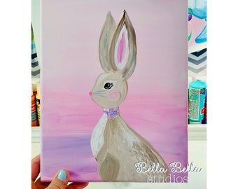 Bunny girl pink and lavender original hand painted 8x10 canvas, rabbit artwork