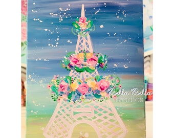 Eiffel Tower whither flowers - original hand painted 11x14 canvas