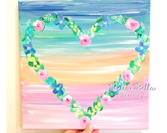 Flower Heart on ombre background original hand painted 14x14 canvas