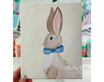 Bunny boy with blue bow tie, original hand painted 8x10 canvas, rabbit artwork