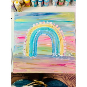 Rainbow on ombré background with gold accents, original hand painted 14x14 canvas
