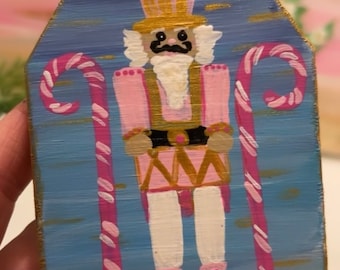 Pink Nutcracker Wood Ornament with gold trim