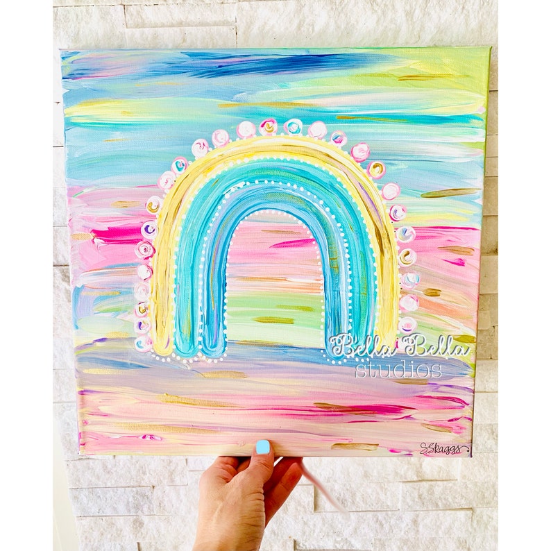 Rainbow on ombré background with gold accents, original hand painted 14x14 canvas image 2