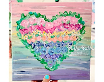 Heart filled with flowers painting on ombre background - original hand painted 10x10 canvas