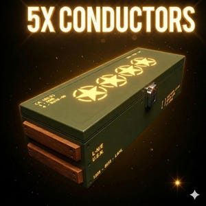 Może przedstawiać: Oliwkowa metalowa skrzynka z napisem "5X CONDUCTORS" w świecącej czcionce. Pudełko ma cztery wzory w kształcie gwiazd i drewniane akcenty. Pudełko ma również tekst "L-N/E U.S.N." i inny tekst.