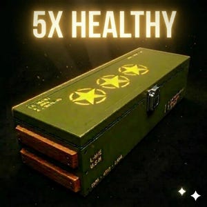 Może przedstawiać: Oliwkowa zielona prostokątna skrzynia z trzema żółtymi emblematami gwiazd na pokrywie. Tekst "5X HEALTHY" jest wyświetlany nad skrzynią. Skrzynia ma drewniane akcenty i metalową zatrzask.