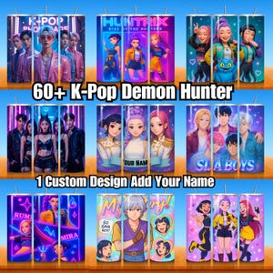 60+ K-Pop 20oz Tumbler Wrap PNG Bundle, Demon Hunters Tumbler, Gift For Huntrix Fan, Anime K-Pop Character PNG, Custom Name Tumbler Wrap