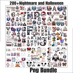 May include: A collection of over 200 PNG images featuring characters and themes from "The Nightmare Before Christmas" and Halloween. Includes letters, characters, and phrases in various designs and colors. The text "200+ Nightmare and Halloween" and "Png Bundle" are visible.