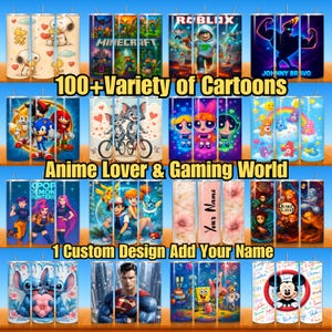 Paquete de más de 100 diseños de vasos con estilo de dibujos animados, anime y videojuegos de los 90 / Paquete de sublimación PNG imprimible / Incluye nombre personalizado. Vaso inspirado en anime.