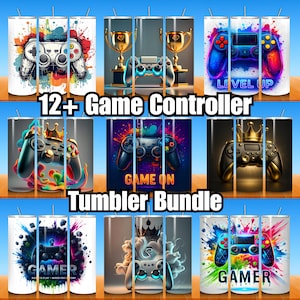 May include: A selection of game controller tumblers with diverse designs. Some tumblers showcase controllers with crowns, trophies, and the phrases "Level Up" and "Game On." The text "12+ Game Controller Tumbler Bundle" is also visible.