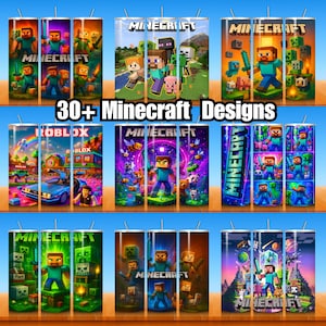 Op de afbeelding: Een verzameling geïsoleerde bekers met verschillende Minecraft-ontwerpen. De bekers tonen levendige afbeeldingen van personages, landschappen en logo's uit de populaire videogame. De tekst "30+ Minecraft Designs" is prominent aanwezig.