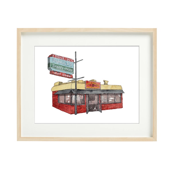 Tony's Cable Car   - San Francisco, Watercolor Prints, SF drawing, wall art, Burgers, storefronts, restaurants, art prints, illustration