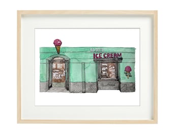 Bi-Rite Ice Cream - San Francisco, Watercolor Prints, SF drawing, wall art, Facades, storefronts, home decor, art prints, illustration