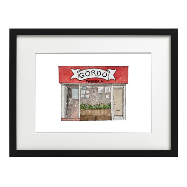 Gordo Taqueria, San Francisco, Taco, Watercolor Prints, SF drawing, wall art, Facades, storefronts, art prints, illustration