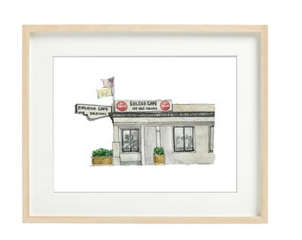 Balboa Cafe - San Francisco, Watercolor Prints, SF drawing, wall art, Facades, storefronts, home decor, art prints, illustration