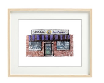 Mitchell's Ice Cream - San Francisco, Watercolor Prints, SF drawing, wall art, Facades, storefronts, home decor, art prints, illustration