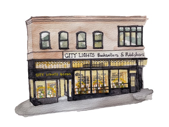 ネオ ビンテージ！「City Lights Bookstore」ポスター（額付） City Lights Booksellers Watercolor Print: San Francisco Wall Art