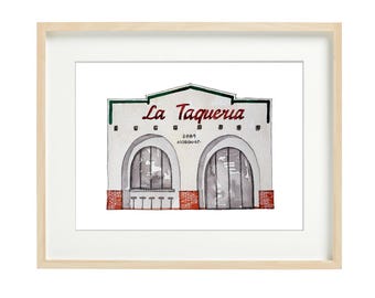 La Taqueria - Mission Street  San Francisco Watercolor Art Print, Tacos, Burritos