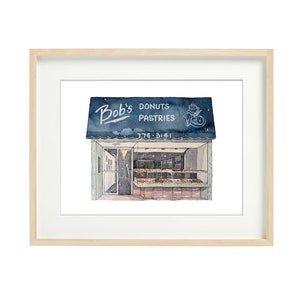 Bob&#39;s Donuts SF - San Francisco, Aquarell Drucke, Gebäck, Zeichnung, Wandkunst, Geschäft, Schaufenster, Kunstdrucke, Illustration Geschenk, Foodie