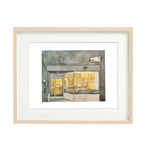 Asha Tea House, San Francisco, groene thee, boba, aquarelprints, SF-tekening, kunst aan de muur, gevels, etalages, kunstafdrukken, illustratie