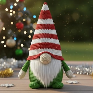 May include: A handmade Christmas gnome with a red and white striped hat, a long white beard, and green body. The gnome is set against a blurred background of a decorated Christmas tree and festive decorations. The gnome is approximately 8 inches tall.